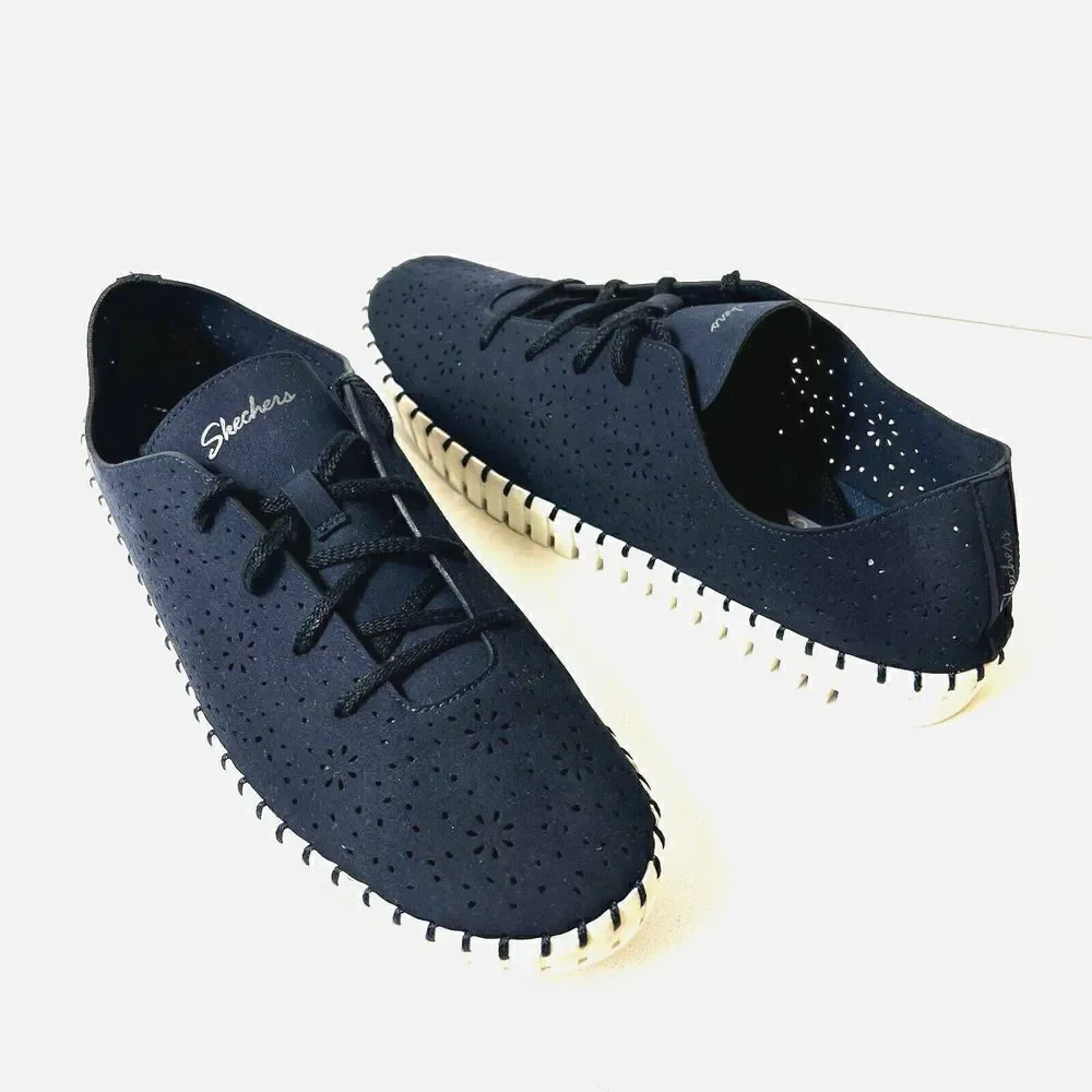 SKECHERS Air Cooled Memory Foam Womens 10 Navy Blue Fabric Lace Up Sneaker Flats